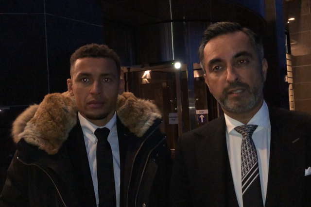 James Tavernier and Aamer Anwar following the conclusion of the footballer’s trial for dangerous driving (Neil Pooran/PA)