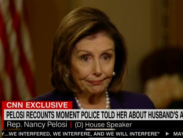 <p>Nancy Pelosi speaks to CNN’s Anderson Cooper about the attack on her husband Paul</p>
