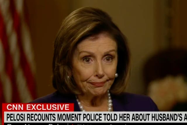 <p>Nancy Pelosi speaks to CNN’s Anderson Cooper about the attack on her husband Paul</p>