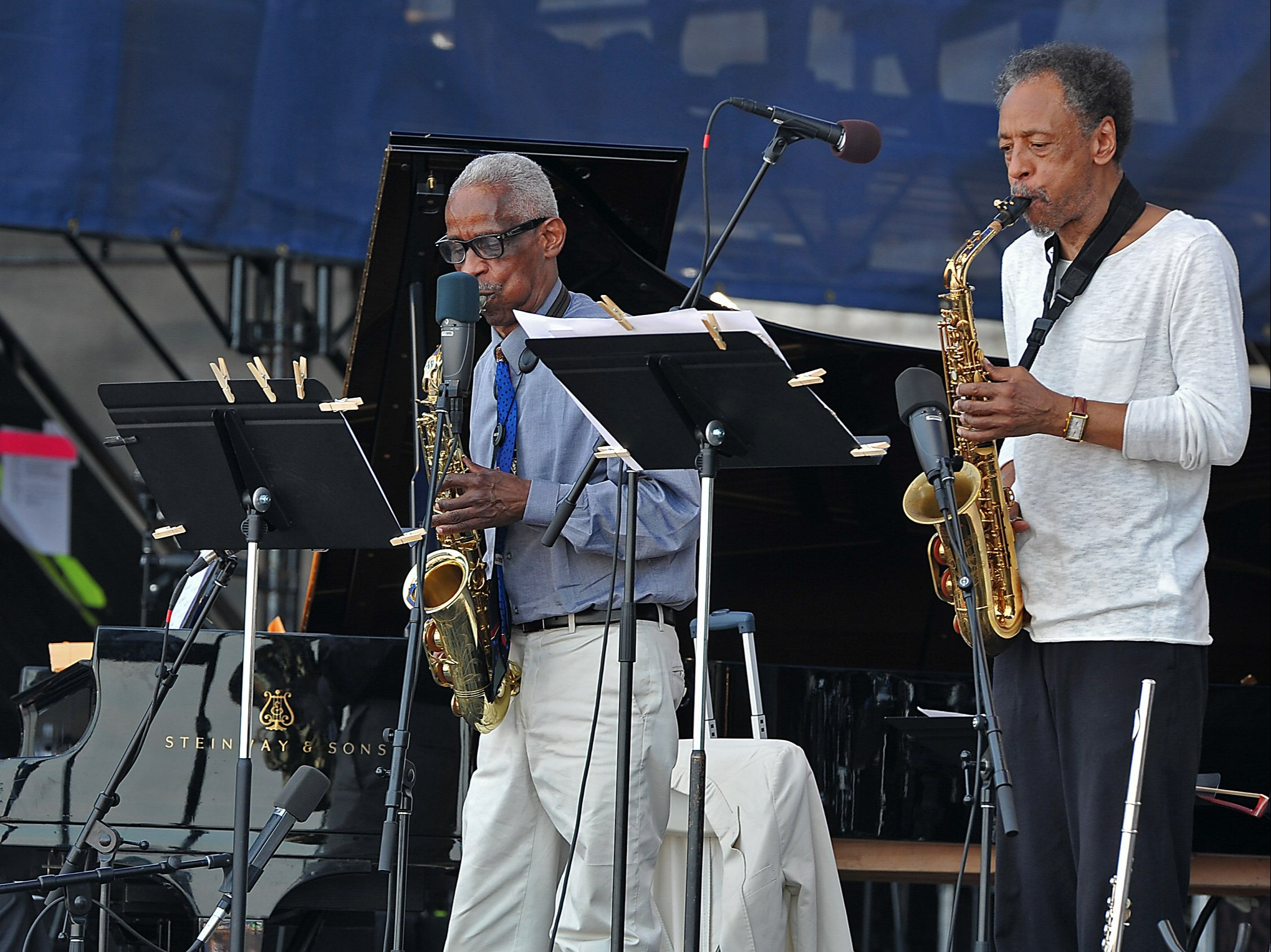 Threadgill (right) performing with fellow saxophonist Roscoe Mitchell at the Newport Jazz Festival, 2015