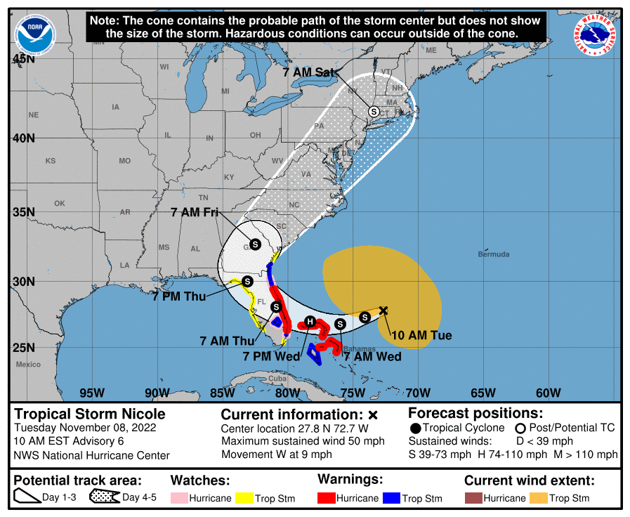 Tropical Storm Nicole expected to become hurricane on way to Florida