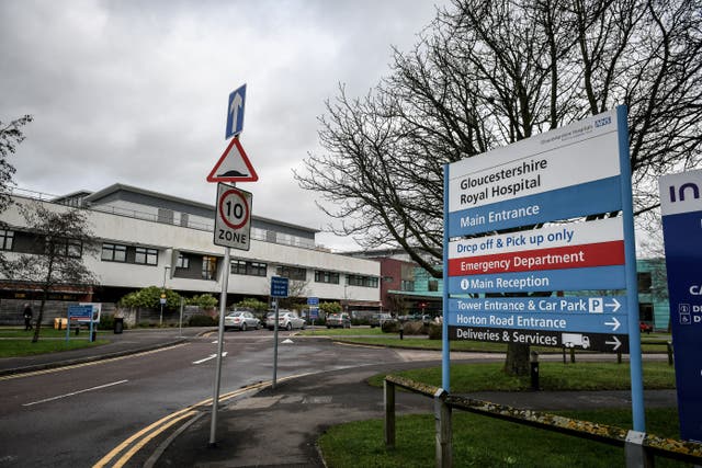 A generic stock photo of Gloucestershire Royal Hospital main entrance and Emergency Department sign.