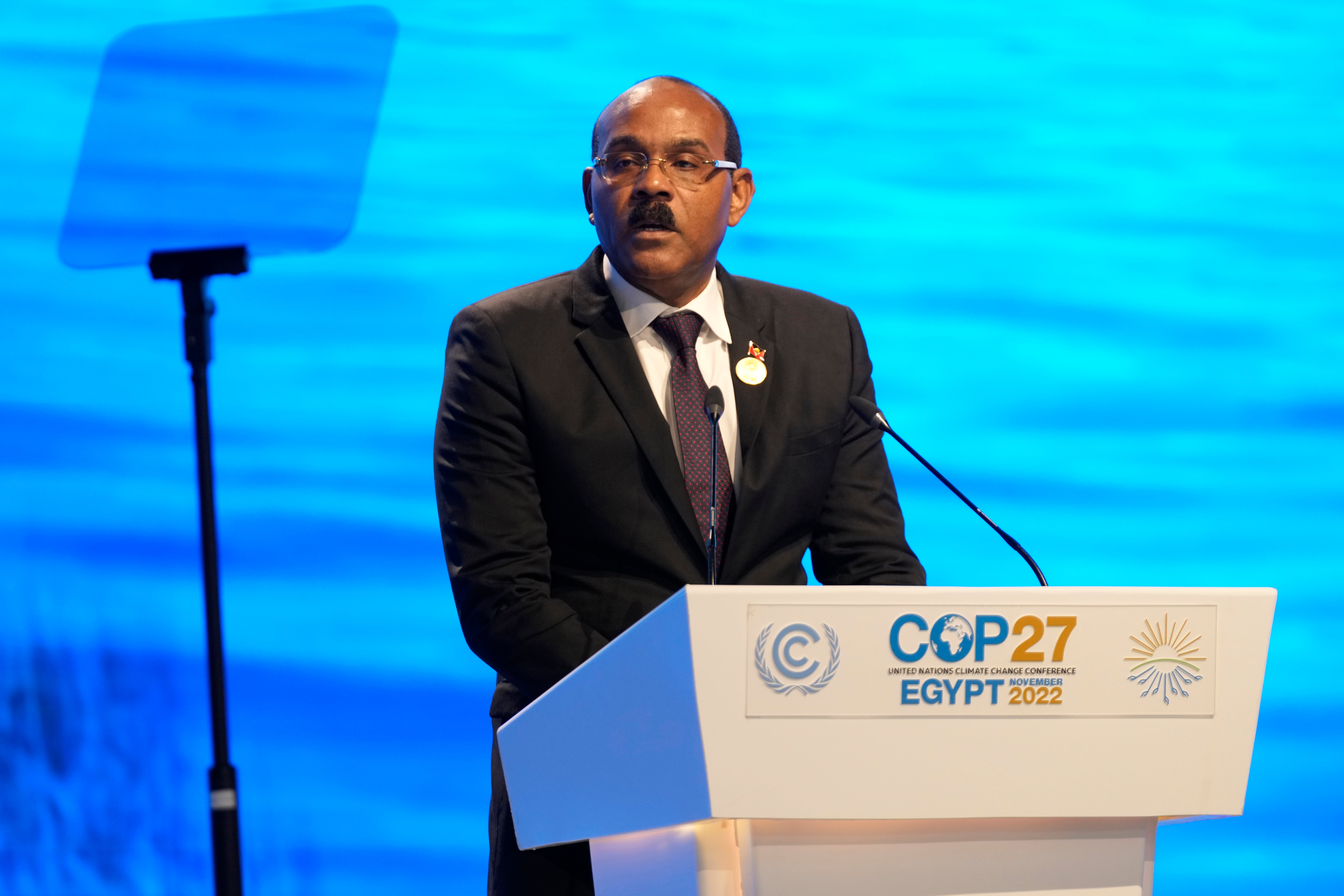 Gaston Browne, prime minister of Antigua and Barbuda, speaks at Cop27 last Tuesday
