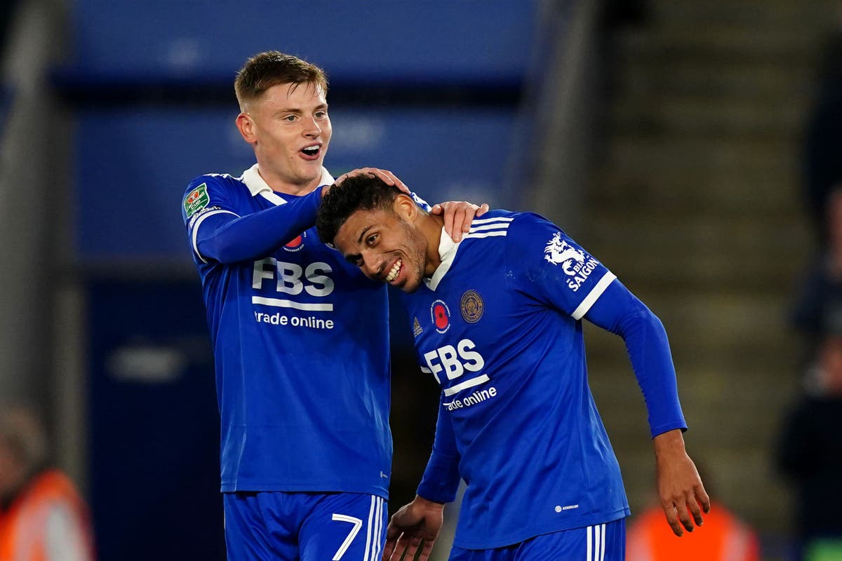 James Justin scores before being stretchered off injured in Leicester Carabao Cup win