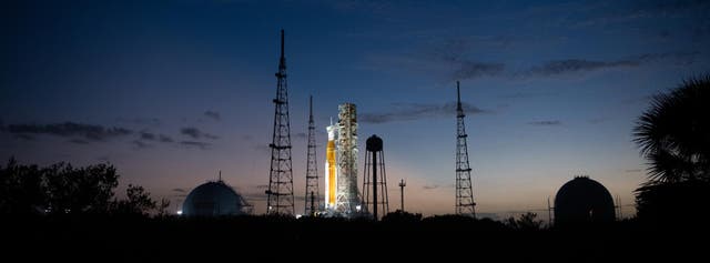 <p>Nasa’s Space Launch System rocket and Orion spacecraft stand at the launch pad at Cape Canaveral, Florida, on 6 November 2022</p>