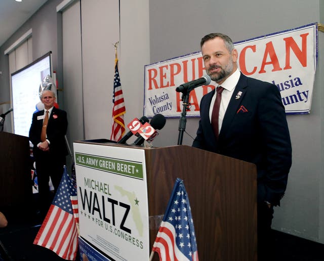 <p>Cory Mills, a Republican candidate from Florida, running for the U.S. House of Representatives in the 2022 U.S. midterm elections, speaks during a Republican watch party in Daytona Beach, Florida, U.S., August 23, 2022. Nigel Cook/News-Journal/USA TODAY NETWORK via REUTERS   </p>