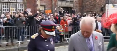 King Charles looks at eggs thrown at him as he visited Yorkshire