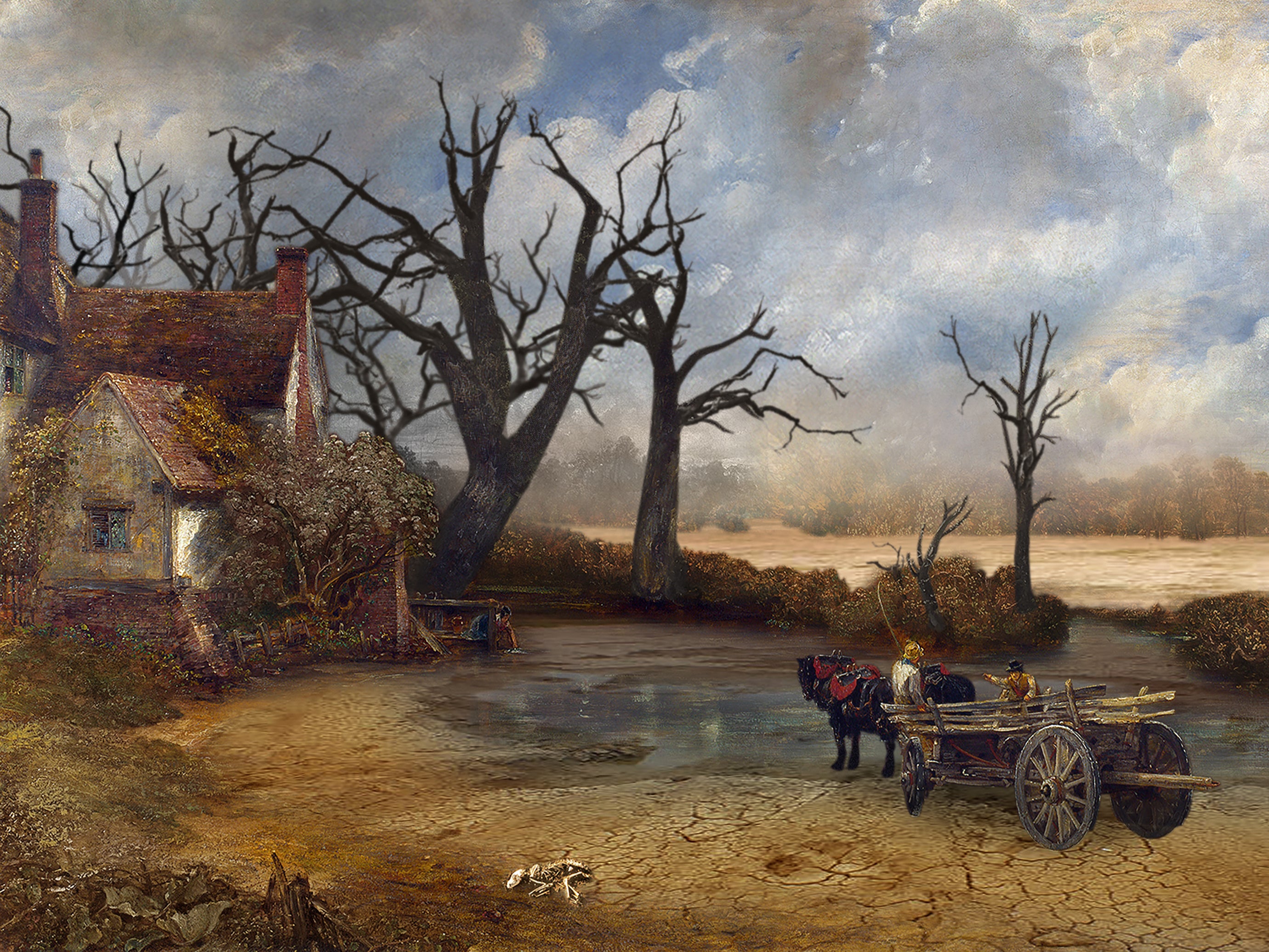 John Constable’s ‘The Hay Wain' (1821) has been re-imagined to illustrate the green riverside scene changinh to a barren and scorched earth landscape, depicting the dangers of global warming