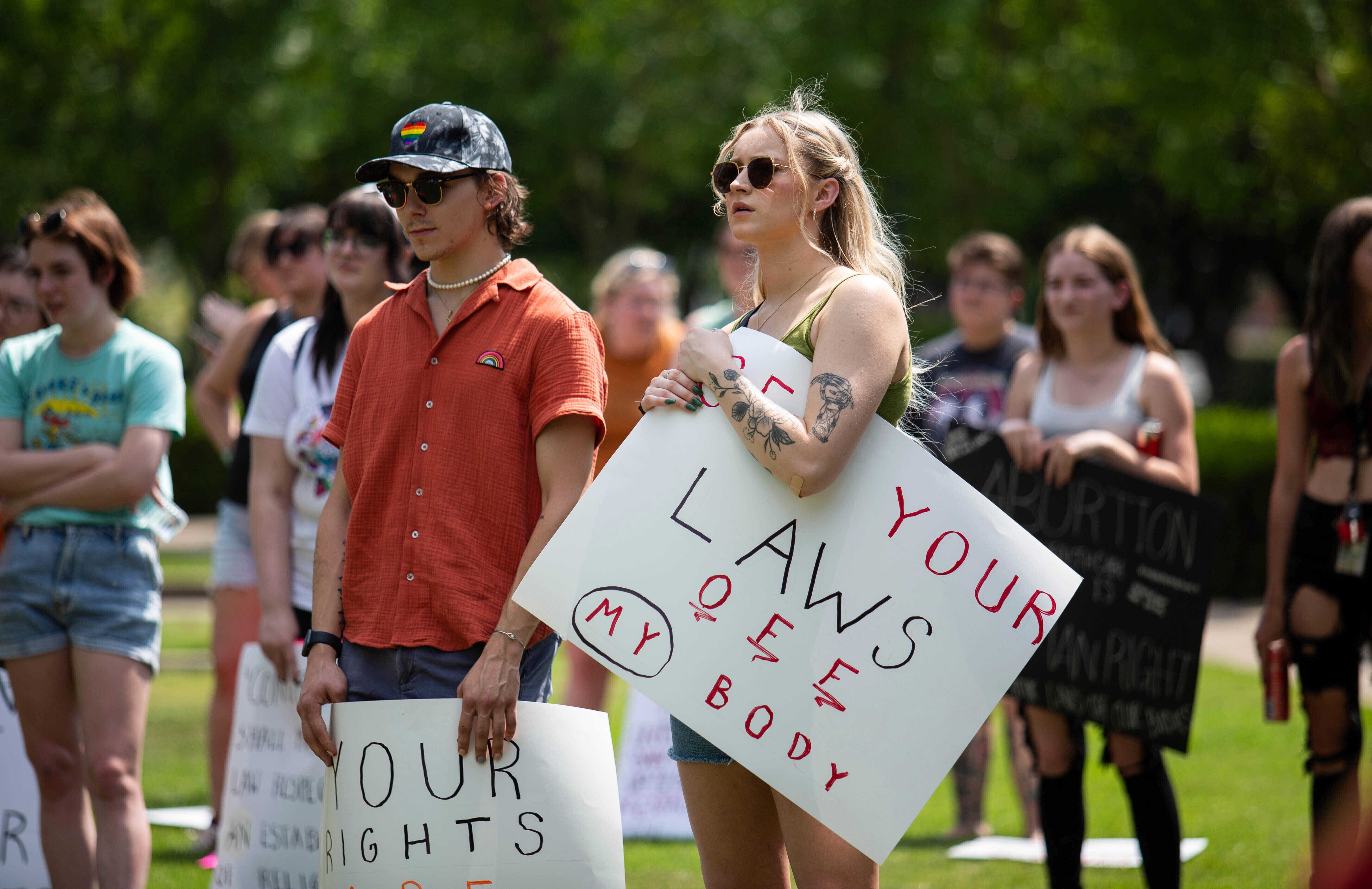 Community members gather to protest the U.S. Supreme Court's overturning of Roe v. Wade and Kentucky's trigger law to ban abortion, at Circus Square Park in Bowling Green, Ky., on Saturday, June 25, 2022. (Grace Ramey/Daily News via AP, File)