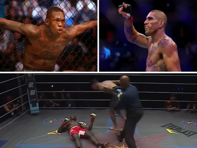 <p>Israel Adesanya (top left) was knocked out by Alex Pereira in a 2017 kickboxing bout </p>