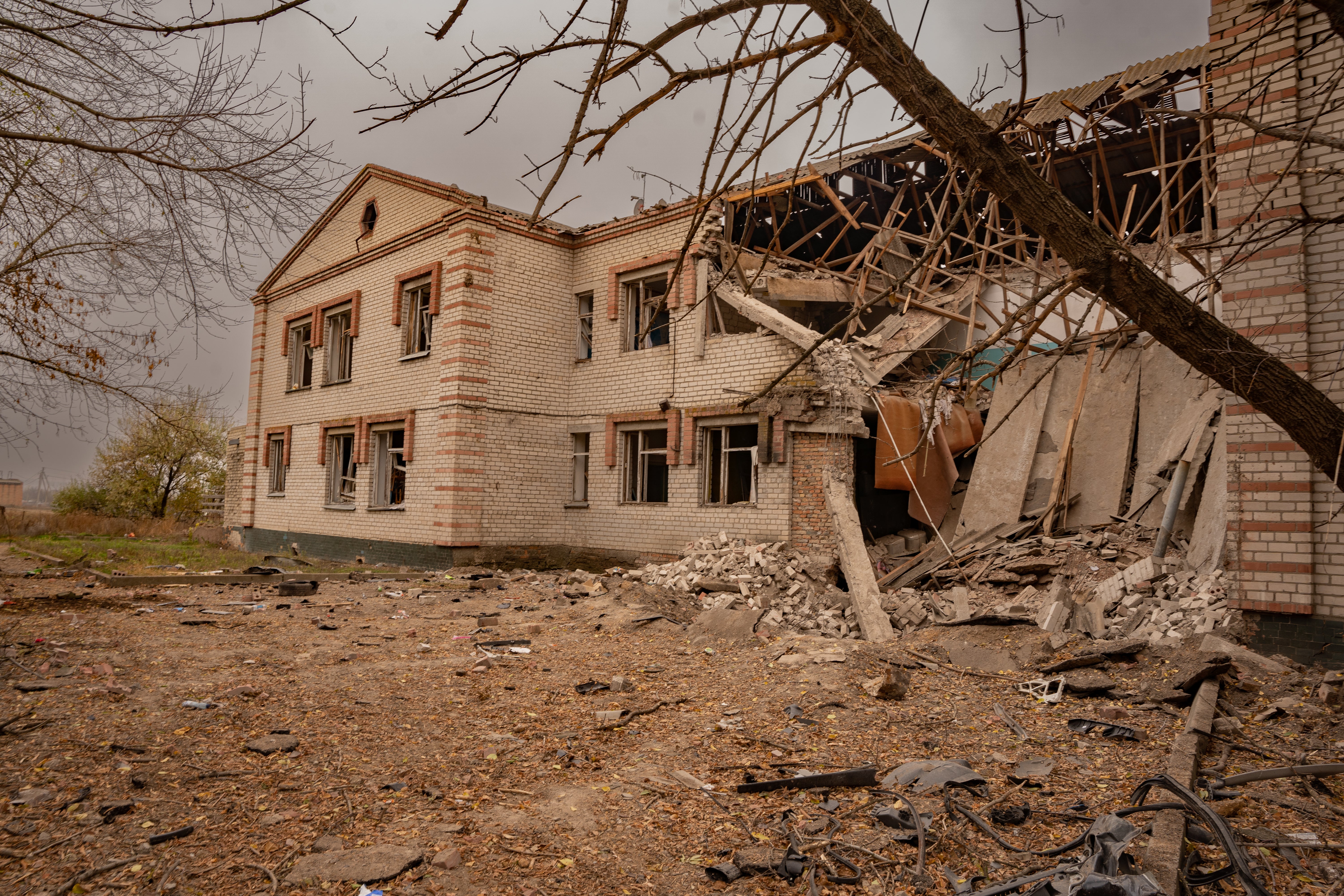 Shelling destroyed the school and kindergarten at Novooleksandrivka village in the Kherson region