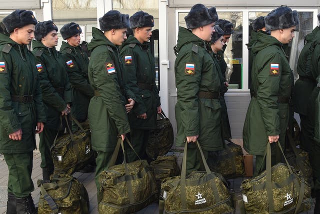 <p>Russian conscripts to the Ukraine war at a railway station in Sevastopol on Wednesday</p>
