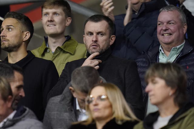 Prospective Southampton manager Nathan Jones, centre, was in the stands at St Mary’s to watch the Carabao Cup clash with Sheffield Wednesday (Andrew Matthews/PA)