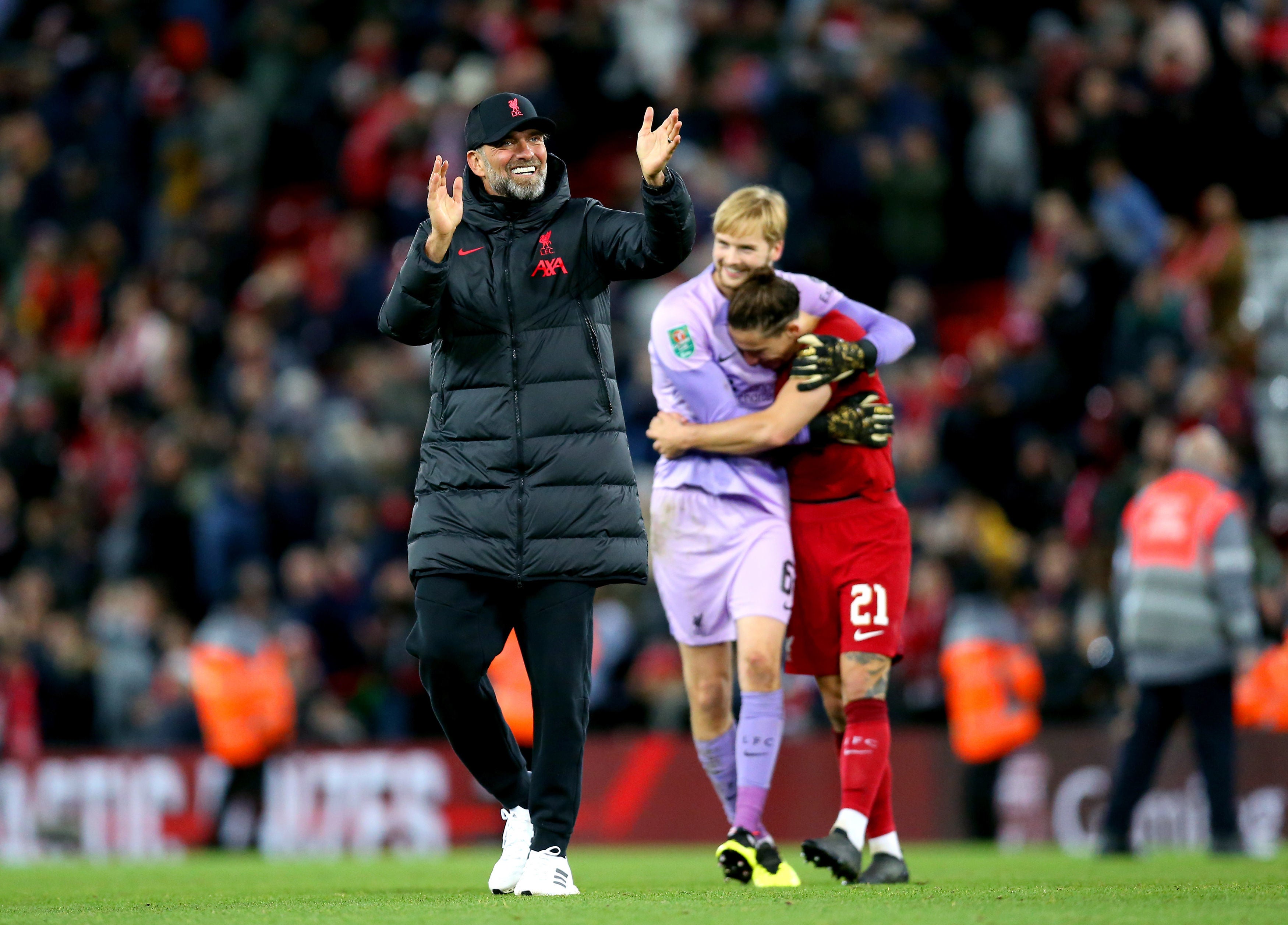 Liverpool manager Jurgen Klopp celebrates at the end of the Carabao Cup third round