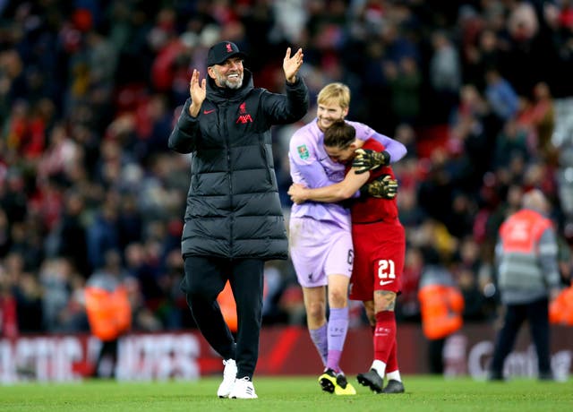 <p>Liverpool manager Jurgen Klopp celebrates at the end of the Carabao Cup third round</p>