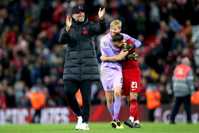 <p>Liverpool manager Jurgen Klopp celebrates at the end of the Carabao Cup third round</p>