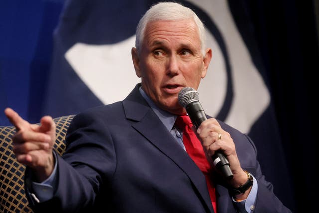 <p>File Former US vice president Mike Pence is interviewed by Kevin Roberts, president of the Heritage Foundation, in front of an audience at the Heritage Foundation in Washington</p>