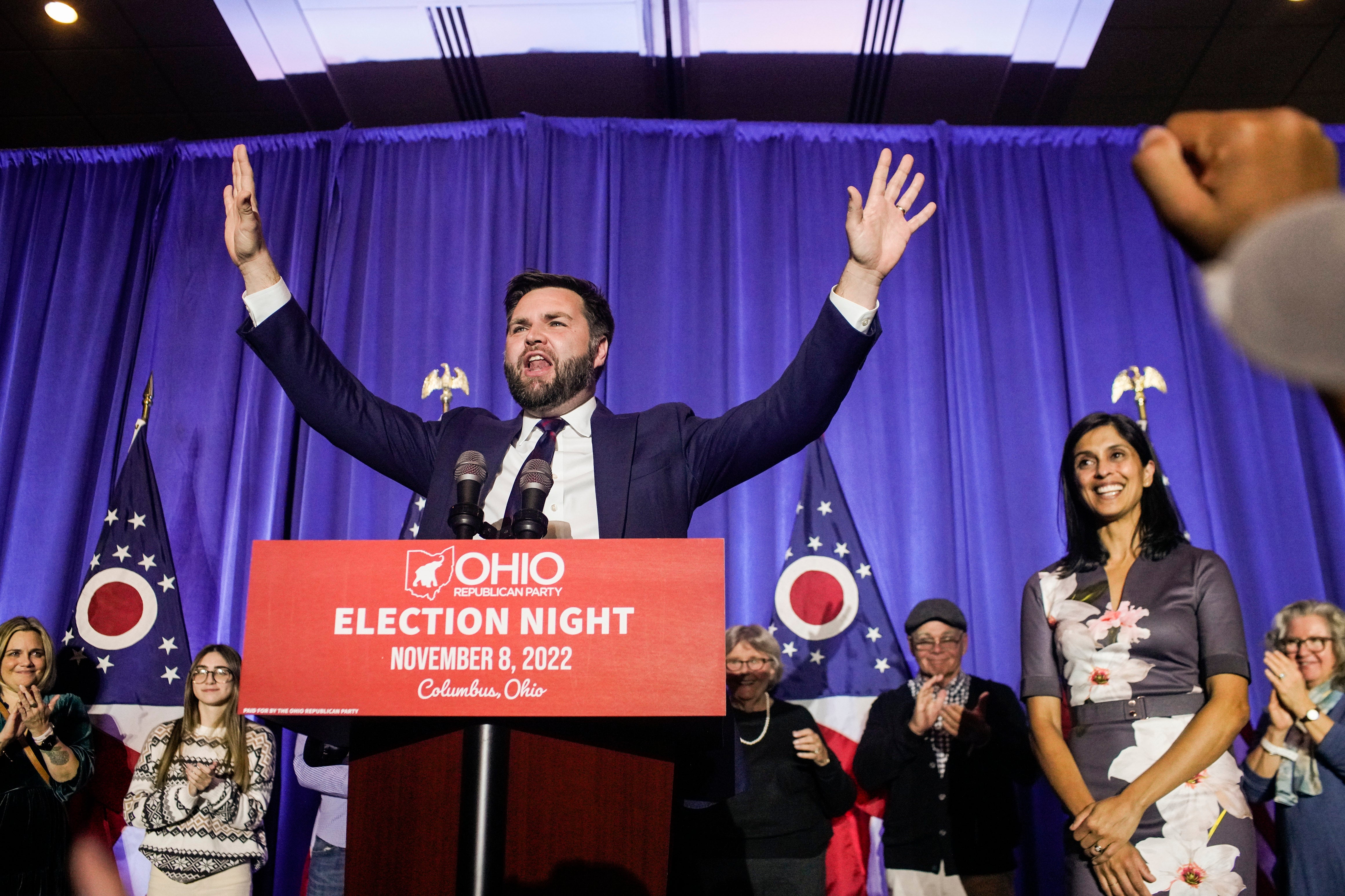 Usha stands to the side of her husband as the family prepares for a White House bid alongside Trump