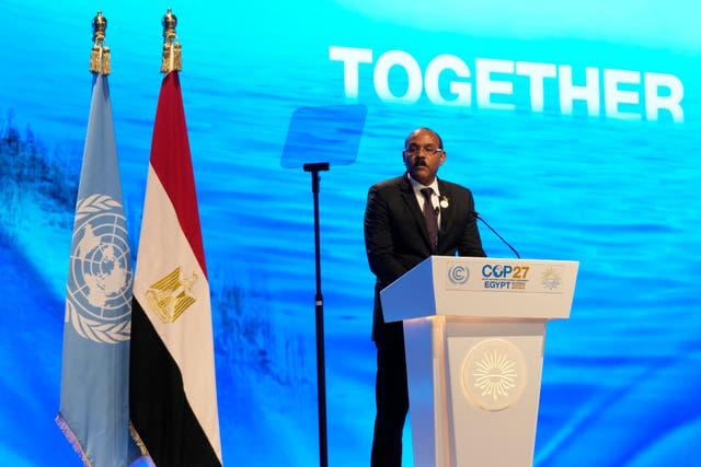 <p>Gaston Browne, prime minister of Antigua and Barbuda, speaks at the Cop2 UN Climate Summit, on Tuesday in Sharm el-Sheikh, Egypt</p>