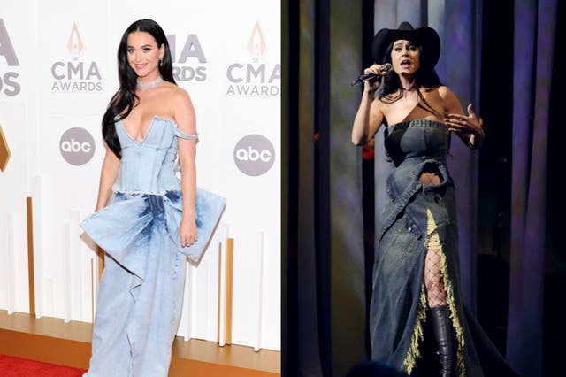 <p>Katy Perry wears two denim outfits to Country Music Awards</p>
