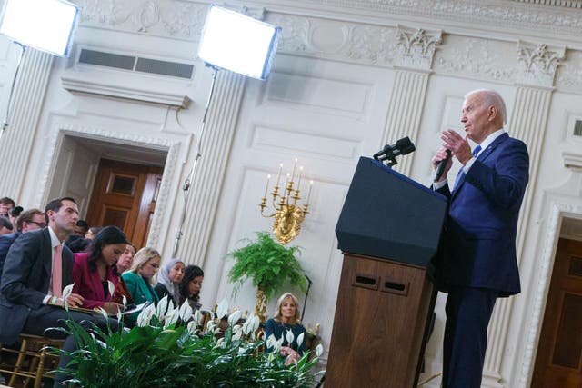 <p>Joe Biden fielding a question during a press conference </p>