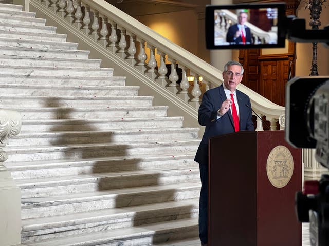<p>Georgia Secretary of State Brad Raffensperger holds a news conference in 2021 </p>