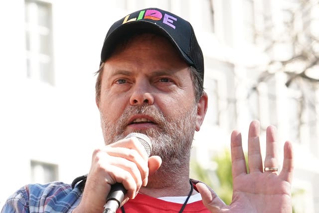 <p>Actor Rainn Wilson at a climate protest in Los Angeles in 2020</p>