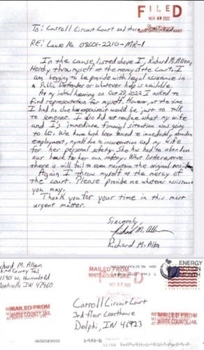The handwritten letter Richard Allen penned to the court