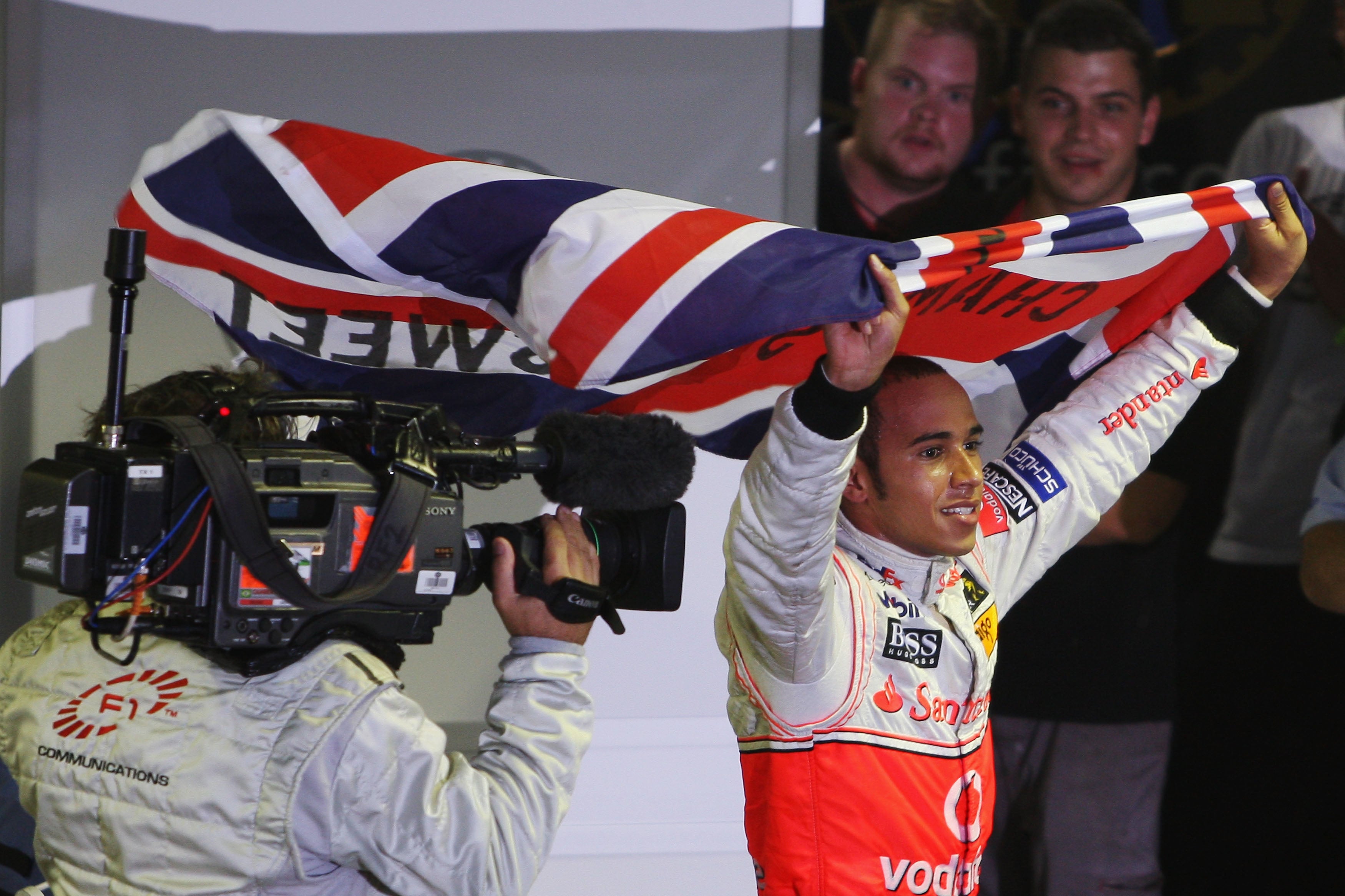 Hamilton celebrates his first world title in Sao Paulo back in 2008