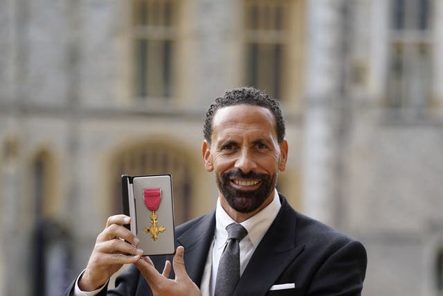 Rio Ferdinand after being made an Officer of the Order of the British Empire by the Prince of Wales (Andrew Matthews/PA)