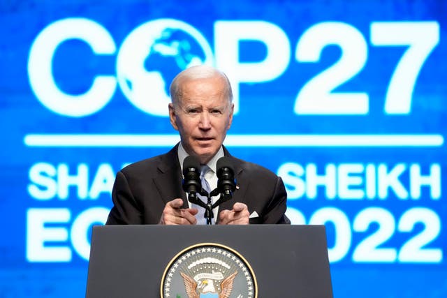 <p>President Joe Biden during his speech at Cop27 in Sharm el-Sheikh, Egypt on November 11, 2022 </p>