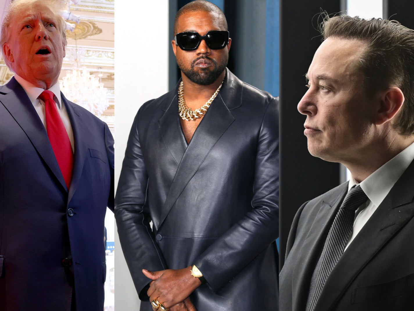 Former President Donald Trump, rapper Kanye West, and Tesla CEO and Twitter owner Elon Musk