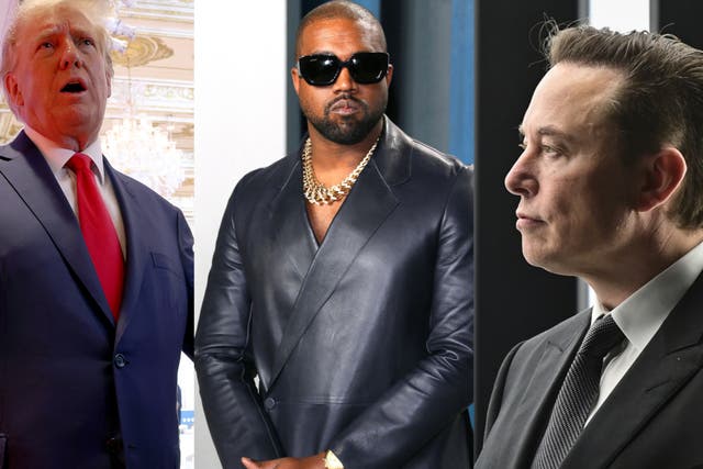 <p>Former President Donald Trump, rapper Kanye West, and Tesla CEO and Twitter owner Elon Musk</p>