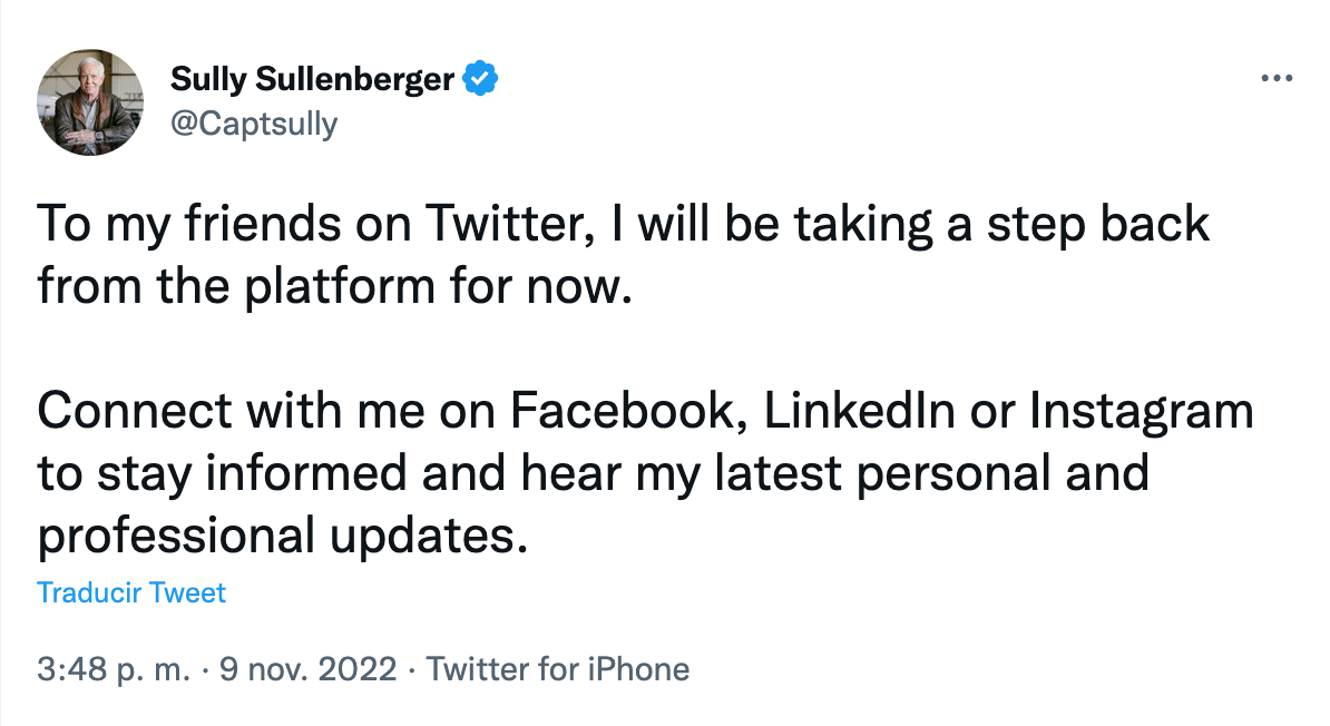 Mr Sullengber gave the news on the social media platform