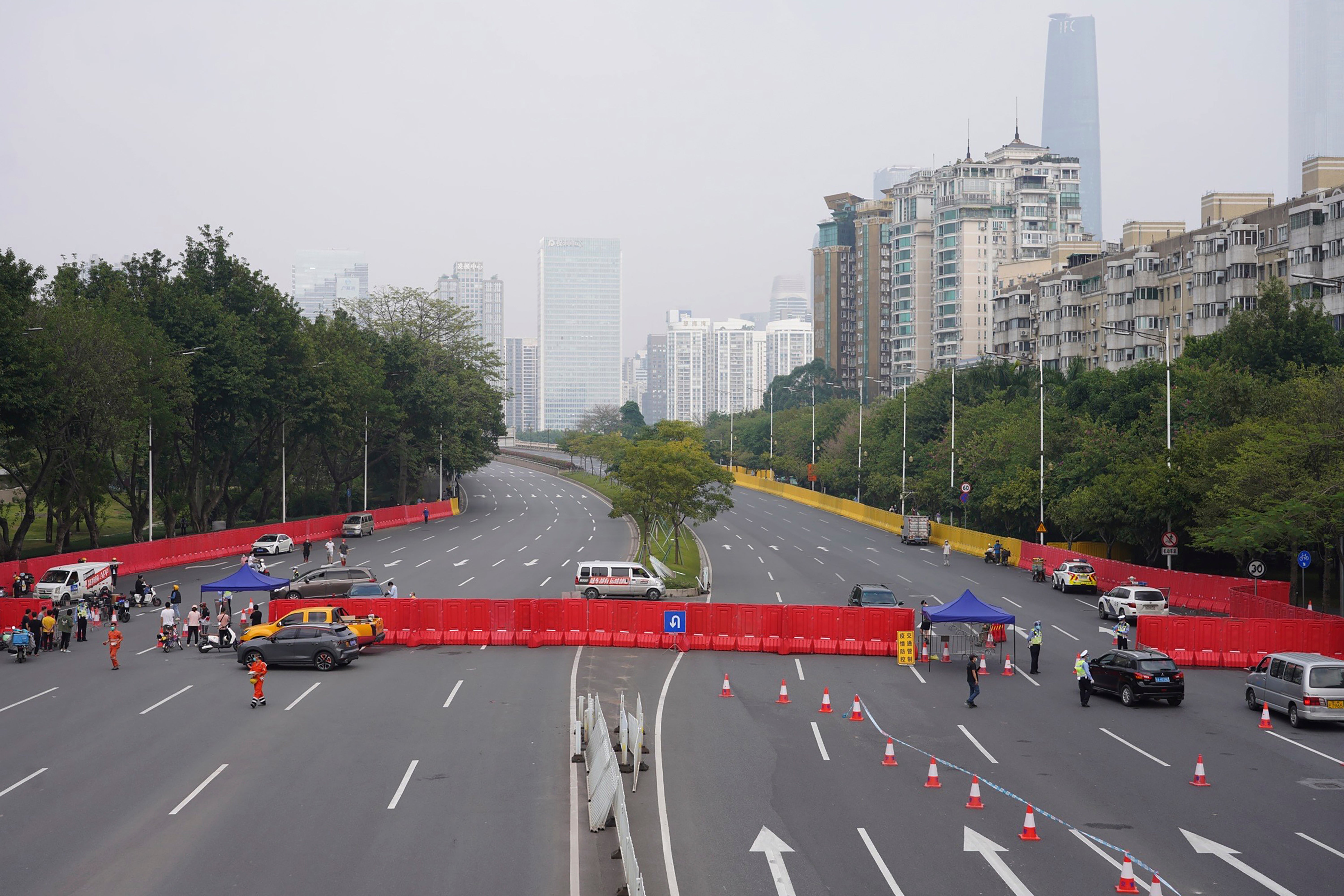 Barriers form a security checkpoint in the Haizhu district in Guangzhou in southern China’s Guangdong province