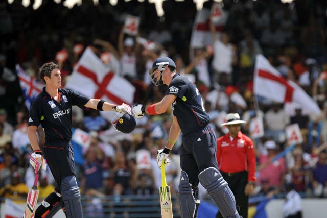 Craig Kieswetter (left) and Kevin Pietersen helped England to victory at the Kensington Oval in Bridgetown in 2010 (PA)