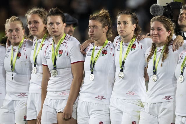 England captain Sarah Hunter (fourth from left) and dejected team-mates after the 34-31 Rugby World Cup final defeat against New Zealand (Brett Phibbs/PA Images).