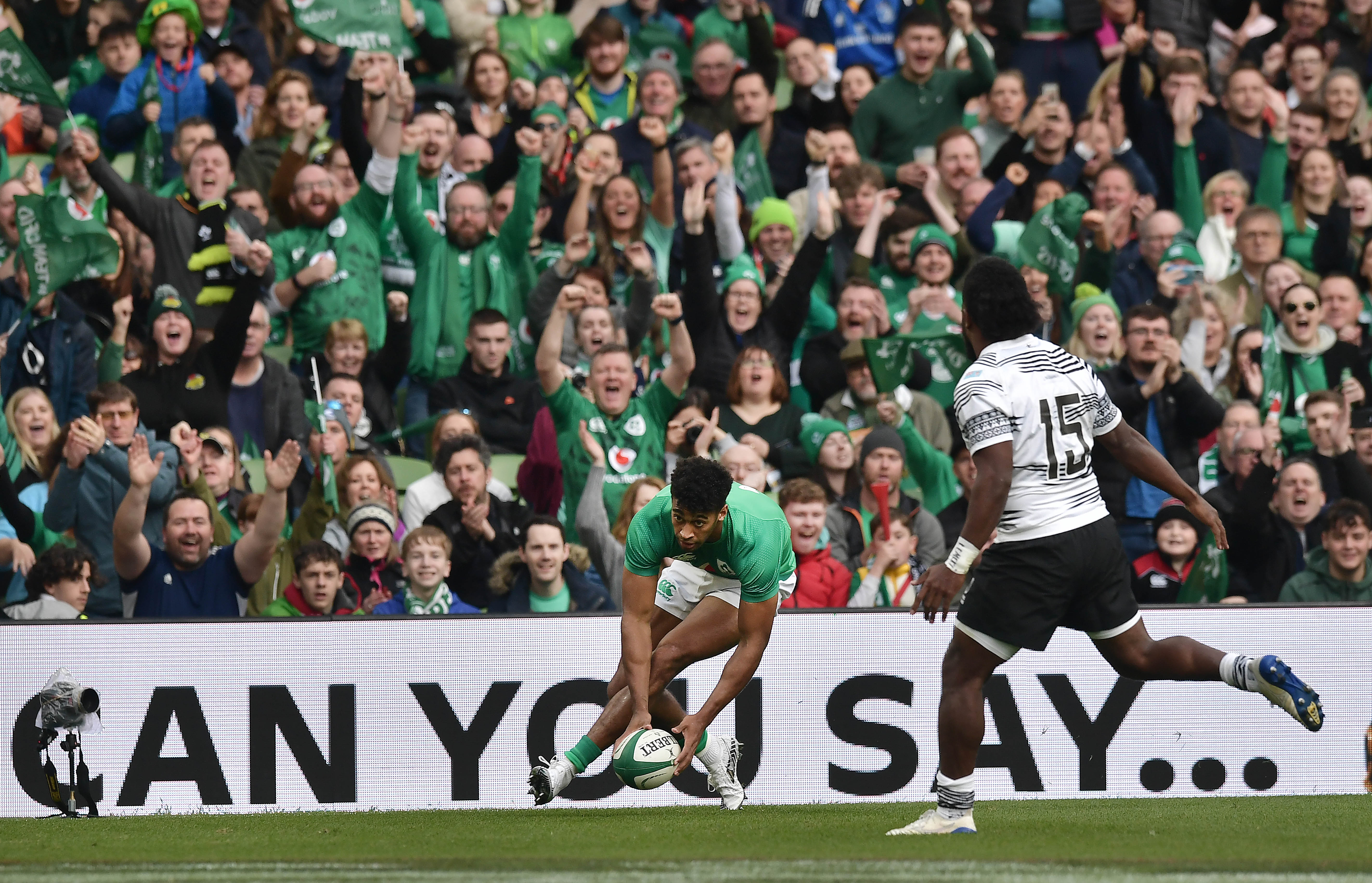 Robert Baloucoune scored one of Ireland’s five tries