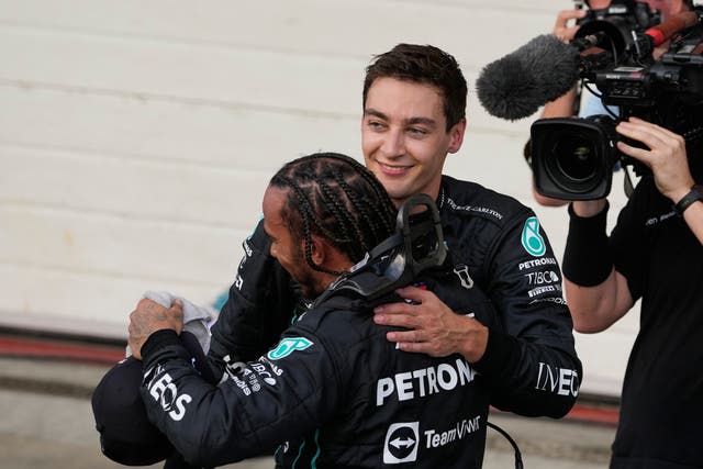 <p>George Russell (right) with Lewis Hamilton during the 2022 F1 season </p>