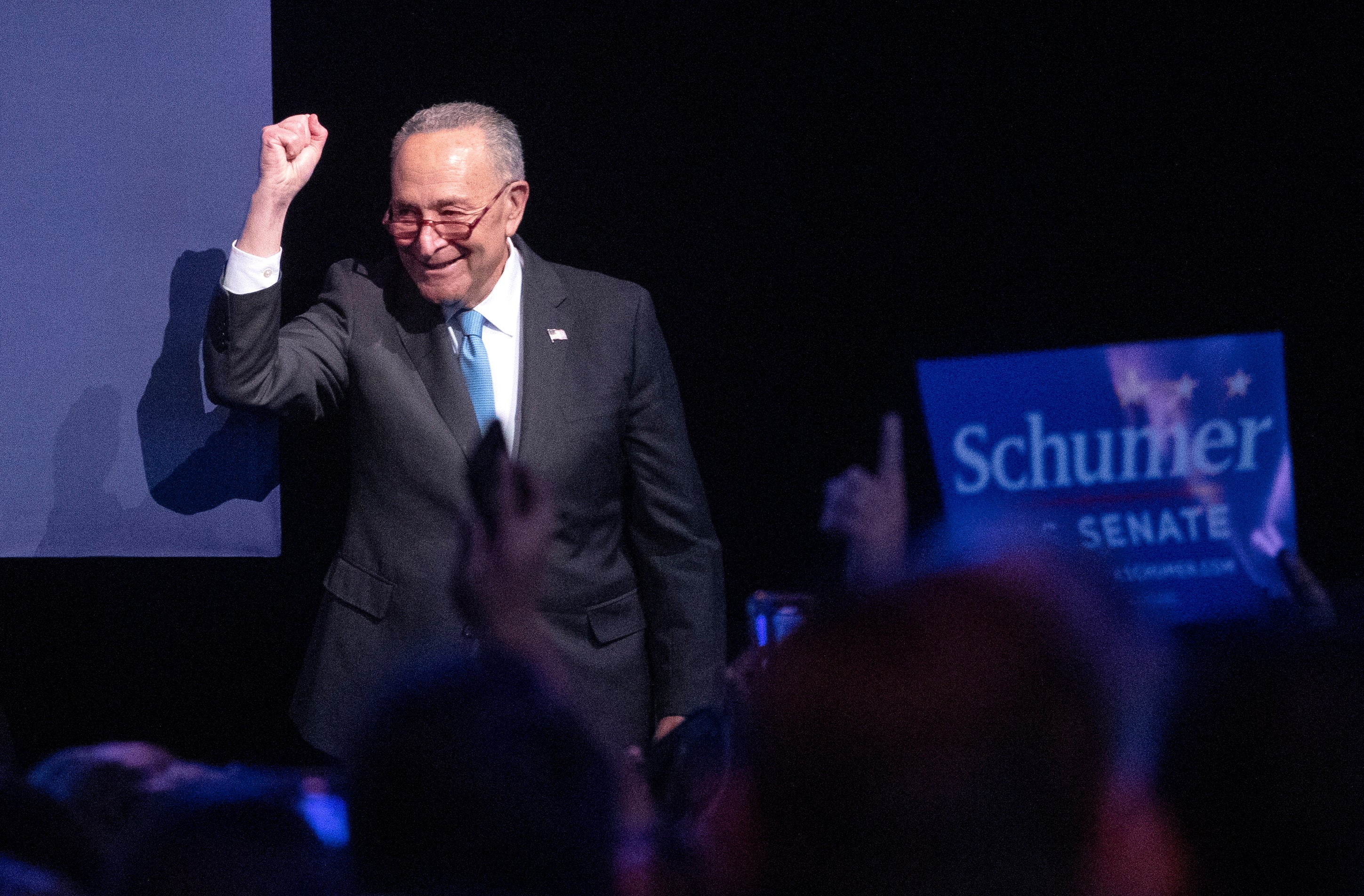<p>Majority Leader of the United States Senate Chuck Schumer gestures after winning his senate race during Governor Hochul's Election Night Watch Party in New York</p>