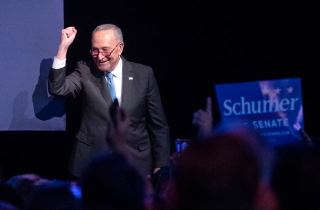 <p>Majority Leader of the United States Senate Chuck Schumer gestures after winning his senate race during Governor Hochul's Election Night Watch Party in New York</p>