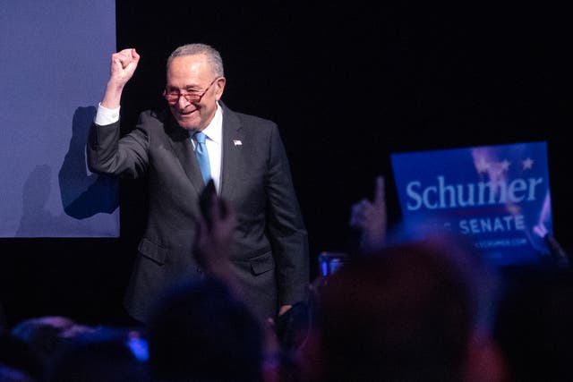 <p>Majority Leader of the United States Senate Chuck Schumer gestures after winning his senate race during Governor Hochul's Election Night Watch Party in New York</p>