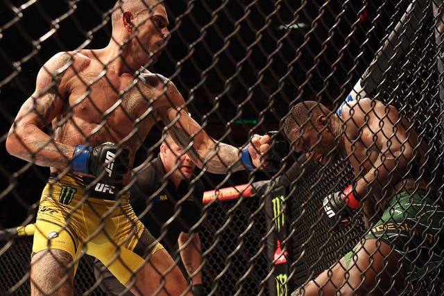 <p>Alex Pereira (left) secured a TKO win against Israel Adesanya in the final round</p>