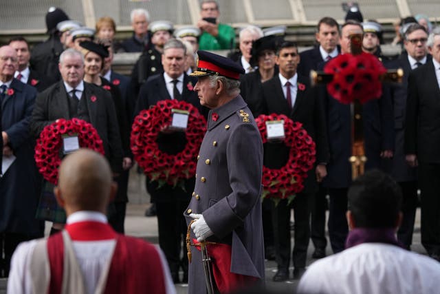 The King during the Remembrance Sunday service at the Cenotaph (Yui Mok/PA)