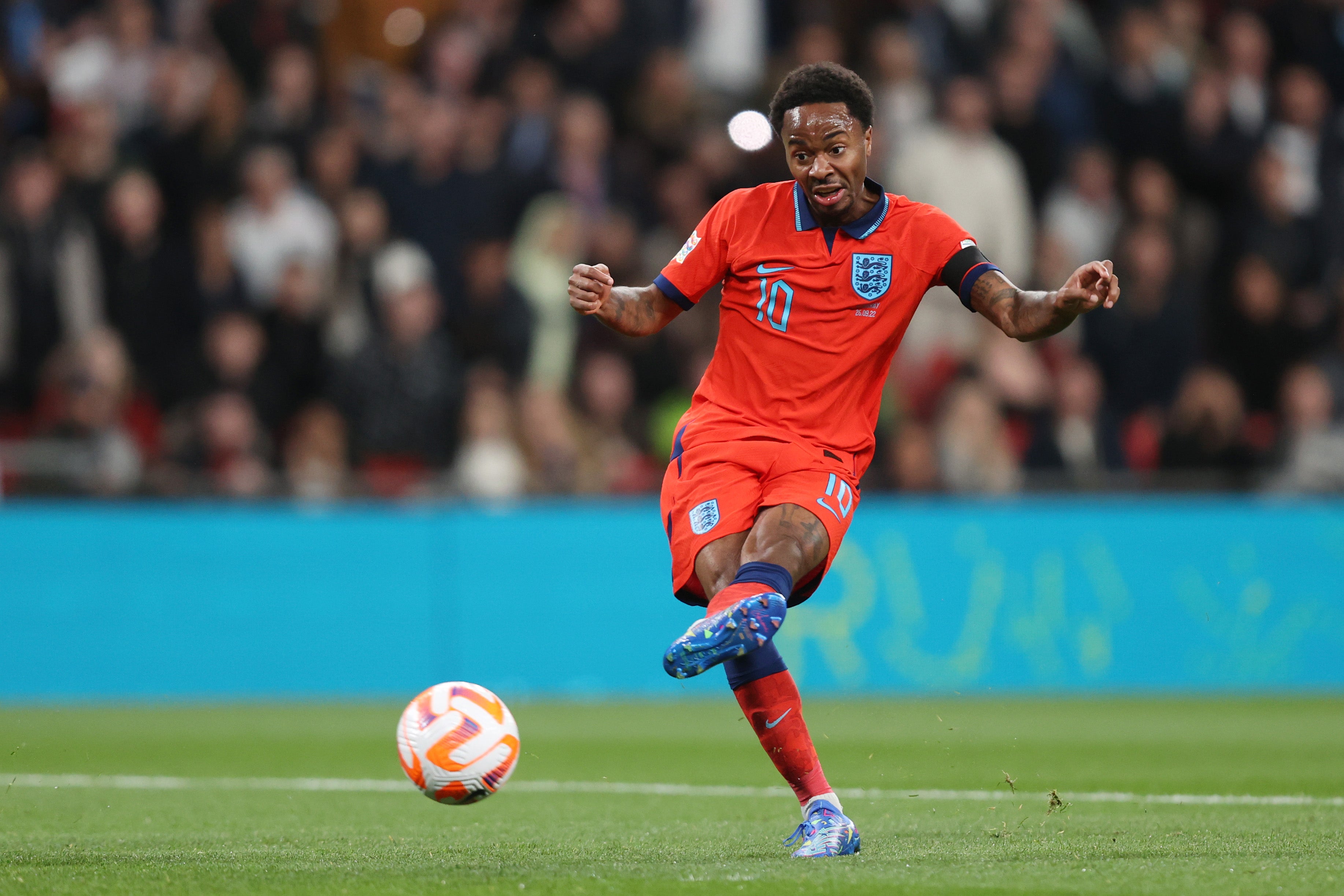 Raheem Sterling shoots during the Nations League match against Germany