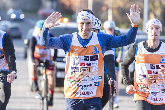 Kevin Sinfield finished the first day of his Ultra 7 in 7 challenge at Melrose rugby club on Sunday (Euan Cherry/PA)