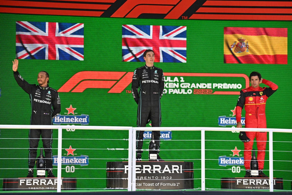 Ferrari’s Carlos Sainz completed the podium alongside Russell and Hamilton