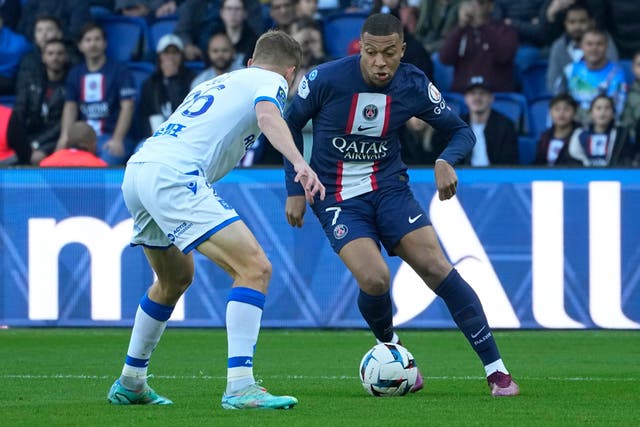 France forward Kylian Mbappe (right) was on target for PSG against Auxerre (Michel Euler/AP)