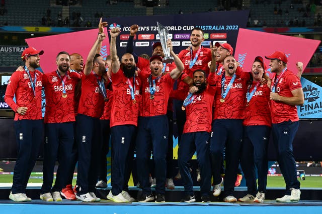 England celebrate their T20 World Cup final win against Pakistan at the Melbourne Cricket Ground (PA)