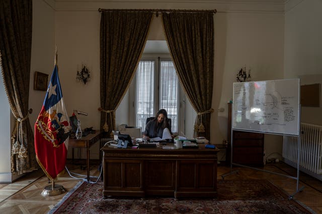 <p>Irina Karamanos in her office in Santiago</p>